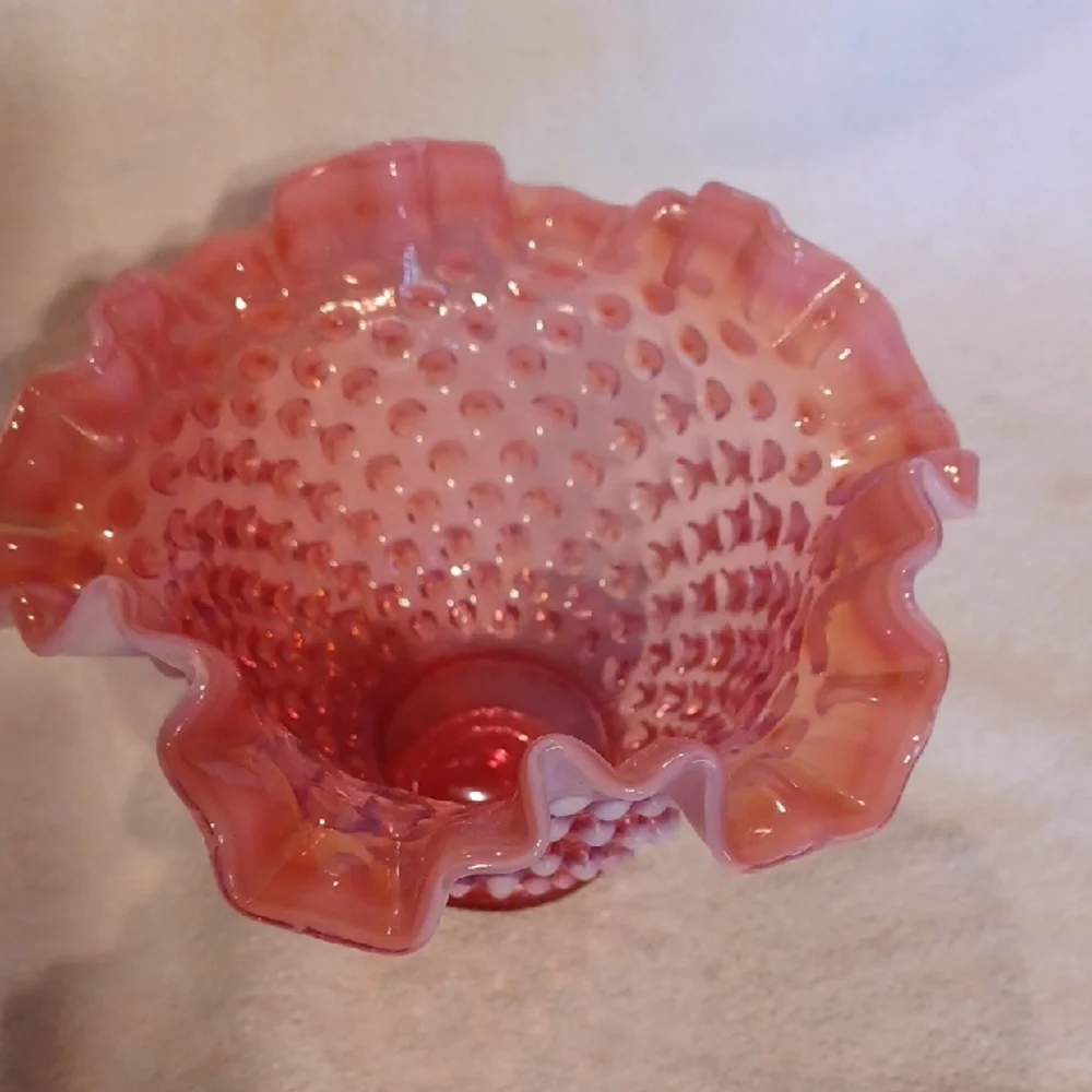 Fenton Pink Hobnail Glass Basket Opalecent Ruffled Cranberry Bowl Vase